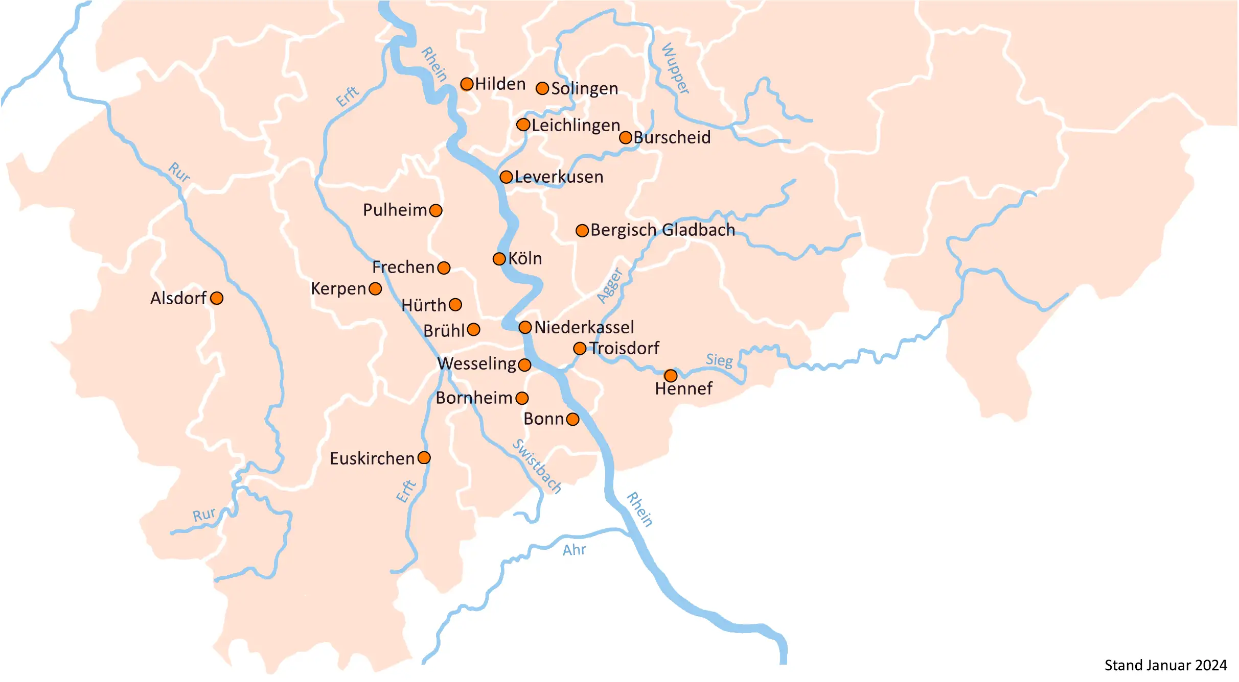 Übersichtskarte der teilnehmenden Kommunen am Abwassernetzwerk Rheinland